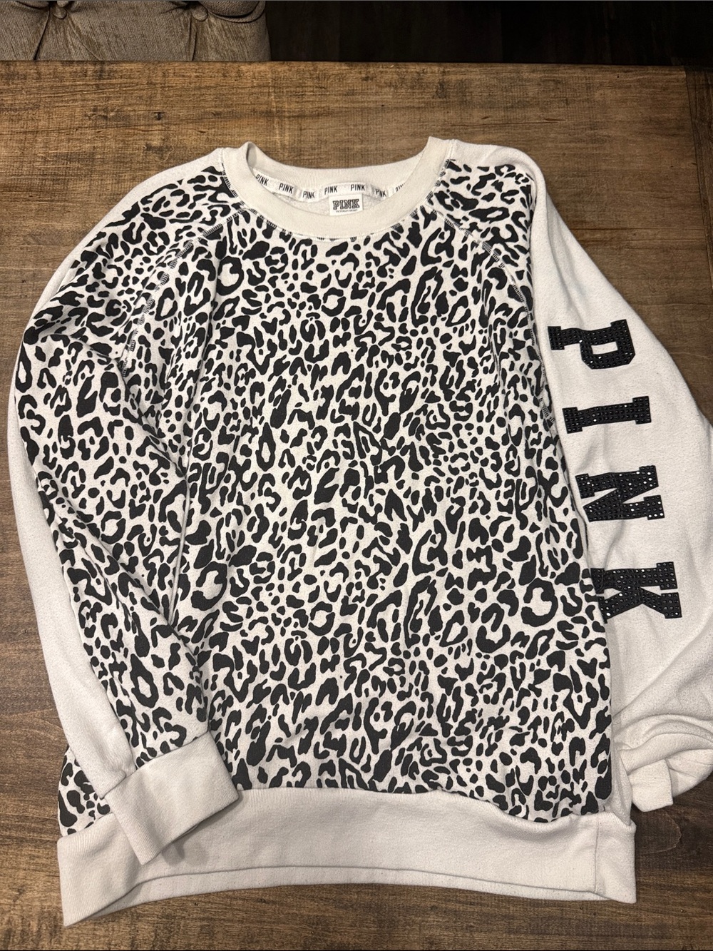 PINK Victoria's Secret White Sweatshirt with Black Leopard Print